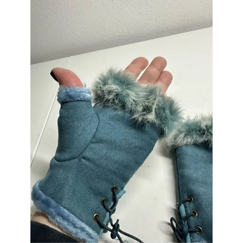 Women’s Faux Suede Fingerless Gloves Sky Blue One Size Rabbit Fur Trim Lace Up